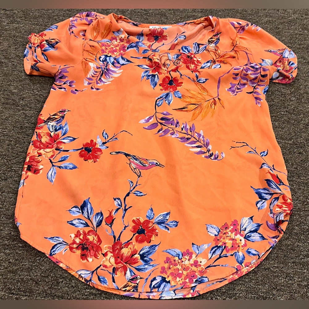 EUC! DR2 Orange Blue Floral Sz S Top Women's SS career casual gorgeous